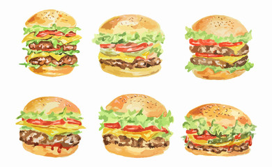 Isolated hamburger set on white background. Fresh and delicious hamburgers with tomatoes, lettuce, meat and sauce. Watercolor art.