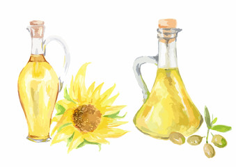 Watercolor sunflower oil bottles with sunflower on white background. Healthy and useful oil for frying and dressing.