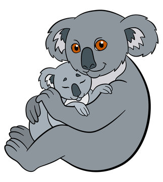 Cartoon animals. Mother koala holds her little cute baby.