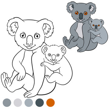 Color me: koala. Mother koala with her cute baby.