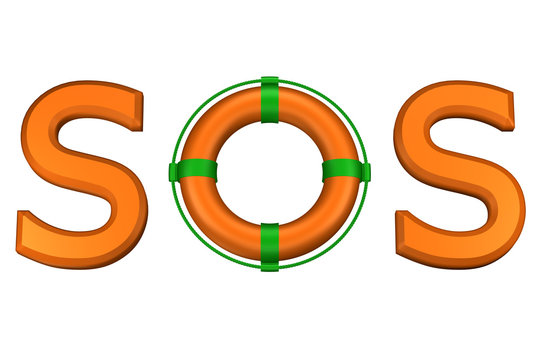 Concept: word SOS with lifebuoy. 3D rendering.