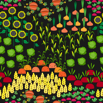 Fields Seamless Pattern. Cartoon farming landscape.
