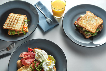 Breakfast table with healthy food.