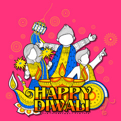 Kid celebrating happy Diwali Holiday doodle background for light festival of India
