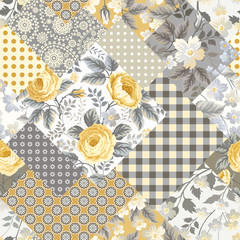 seamless patchwork floral pattern with yellow roses - obrazy, fototapety, plakaty