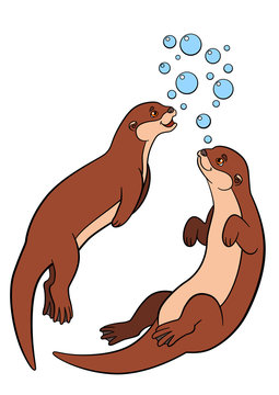 Cartoon animals. Two little cute otters swim.