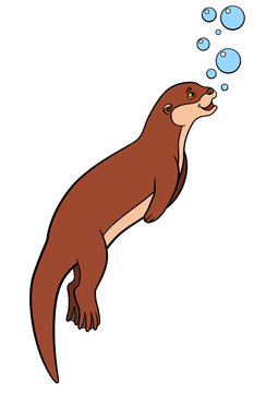Cartoon animals. Little cute otter swims.