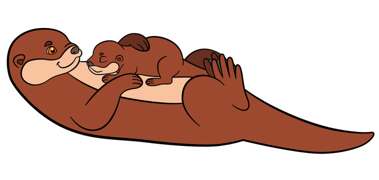 Cartoon animals. Mother otter swims with her sleeping baby.