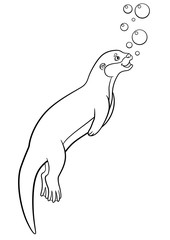Coloring pages. Little cute otter swims.