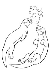 Coloring pages. Two little cute otters swim.