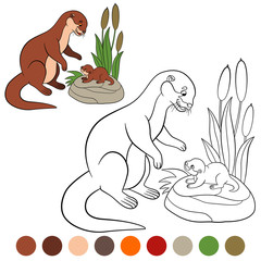 Coloring page. Mother otter looks at her little cute baby.