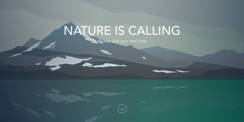 Cold mountains and calm sea water landscape. Gray clouds. Nature is calling. Web header. Modern flat design. Vector illustration
