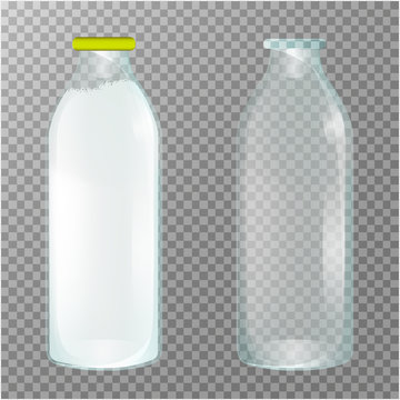 Transparent Glass Bottles. Dairy products. Empty, full and closed milk jars. Vector set of three images.