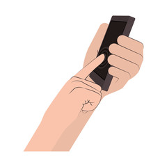 human hand touching a smartphone electronic device over white background. vector illustration