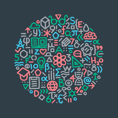 Modern hand drawn vector illustration with different education, school and science theme signs and symbols include book, globe, flask, brain, atom. Education and school element for web, poster, banner