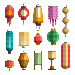Naklejka premium Modern colorful flat vector illustration with different china lanterns. China holiday, festival paper lantern. Elements for your design, web, posters, banners, postcards, advertising