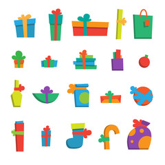 Vector illustration. Set of happy new year gifts and presents. Merry christmas gifts. Xmas set of colorful presents. Modern flat style. For your design, banner, poster, gift card