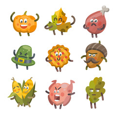 Vector illustration emoticons emoji set on theme of autumn holiday. Autumn emoticons happy thanksgiving day. Different emotions funny pumpkin, leaf, turkey, sweet pie, angry hat, corn, acorn