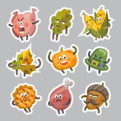 Fototapeta premium Vector illustration emoticons emoji stickers set on theme of autumn holiday. Autumn emoticons happy thanksgiving day. Different emotions funny pumpkin, leaf, turkey, sweet pie, angry hat, corn, acorn