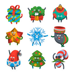 Obraz premium Vector illustration emoticons icons set on theme of winter holiday. Emoji emoticons Happy New Year icon. Emotion merry Christmas funny gift, star, toy, tree, snowflake. Xmas sticker icon