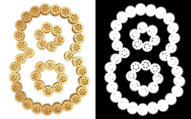 Number eight from gold gear mechanism. Alpha channel. 3D illustration