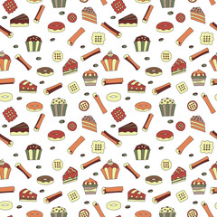 Dessert seamless pattern. Hand drawn retro design. Cute cafe or restaurant background. Capcake, chocolate, donut, cinnamon illustration. 