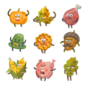 Vector illustration emoticons emoji set on theme of autumn holiday. Autumn emoticons happy thanksgiving day. Different emotions funny pumpkin, leaf, turkey, sweet pie, angry hat, corn, acorn