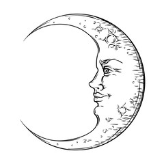 Antique style hand drawn art crescent moon. Boho chic tattoo design vector © croisy