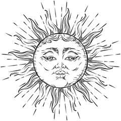 Antique style hand drawn art sun. Boho chic tattoo design vector