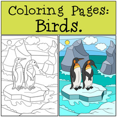 Coloring Pages: Birds. Two little cute penguins hug.