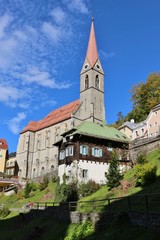 Fototapeta na wymiar The Parish Church in Bad Gastein, a famous health resort and also ski resort. Austria, Province of Salzburg, Europe.