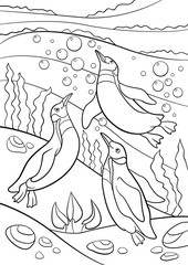 Naklejka premium Coloring pages. Three little cute penguins swim and smile.
