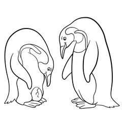 Coloring pages. Mother and father penguin looks at the egg.