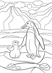Coloring pages. Mother penguin stands with her cute baby.