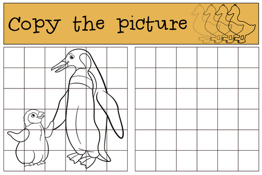 Educational game: Copy the picture. Mother penguin with baby.