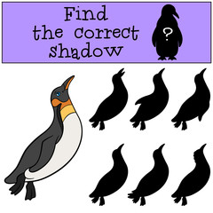 Educational game: Find the correct shadow. Little cute penguin s