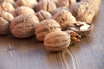 walnuts on the wooden-table.