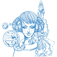 Portrait of the girl symbolizes the zodiac sign Aries. Outline drawing for coloring.
