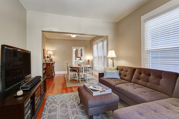 American living room interior with brown corner sofa