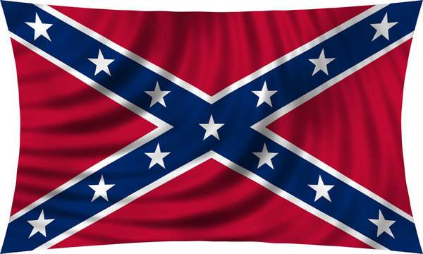 Historical symbol of the Confederate States of America. Confederate rebel flag waving isolated on white