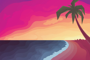 Palm Tree on Beach Against a Sunset Ocean. Vector Illustration