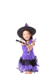 Little halloween witch girl costume isolated on white background