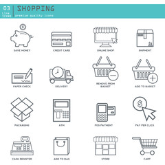 Line icons with flat design elements of market store goods, retail shopping activity, discount for products, consumer items for selling. Modern infographic vector logo pictogram collection concept