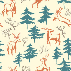 Hand drawn winter seamless pattern with deer and pine trees
