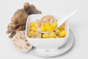 Lotus root ginger, Ginkgo on white backgrouind