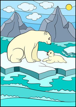 Cartoon animals. Mother bearwith her little cute baby.