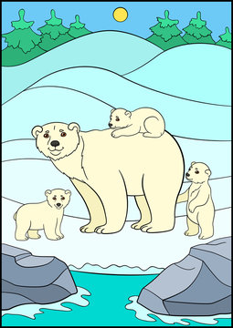 Cartoon animals. Mother bear with her little cute babies.