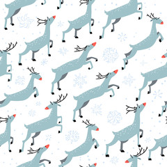 Winter seamleaa pattern with cute jumping deers on white background - 124619302