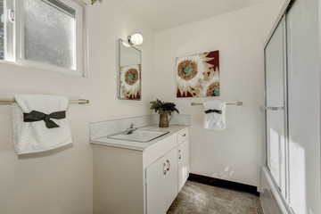 Pure white bathroom interior with old fashioned vanity