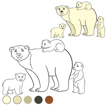 Coloring page. Mother polar bear with her cute babies.
